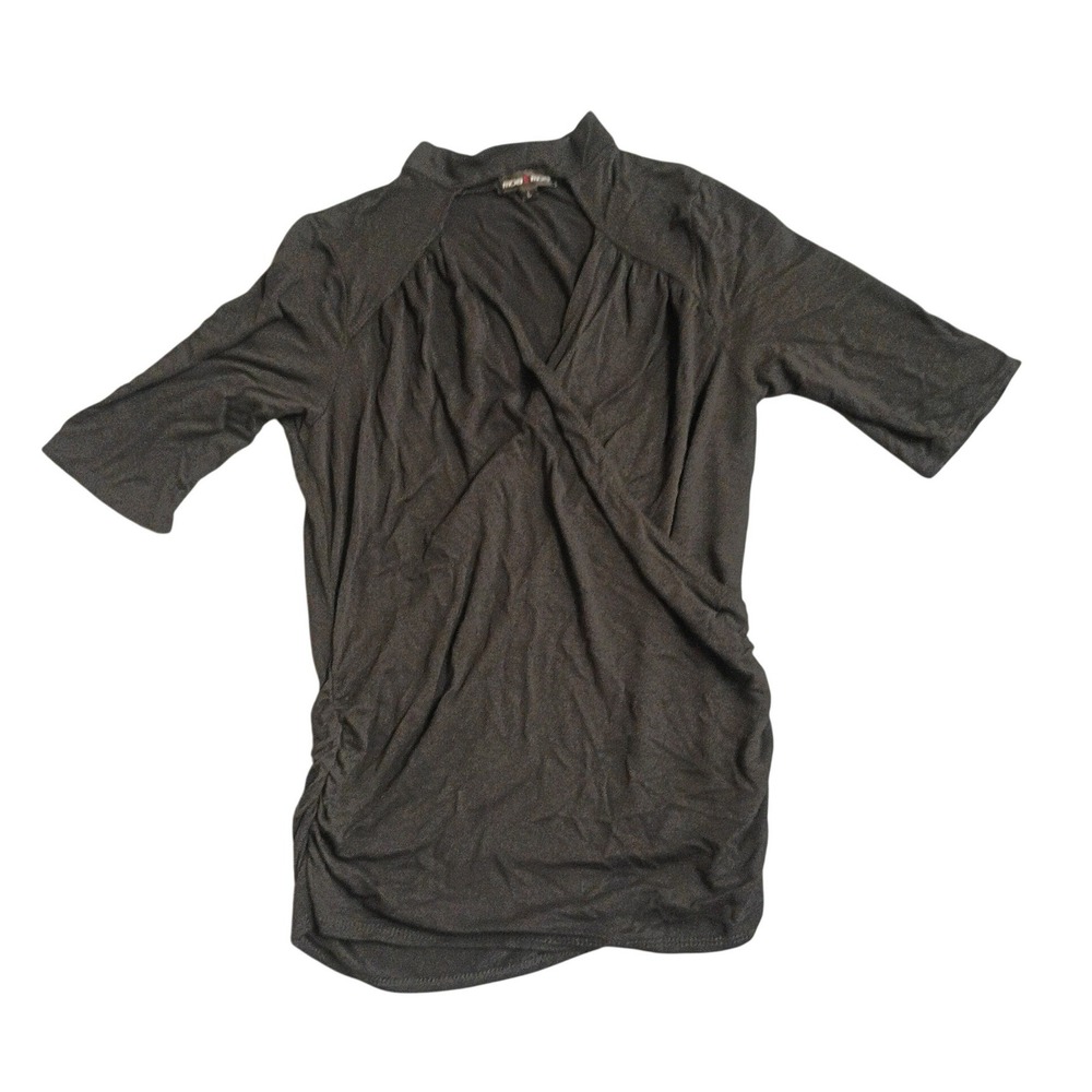 Moa Moa Wrap Front Top Womens‎ Large Black Cutout Mock Neck Ruched Elbow Sleeve